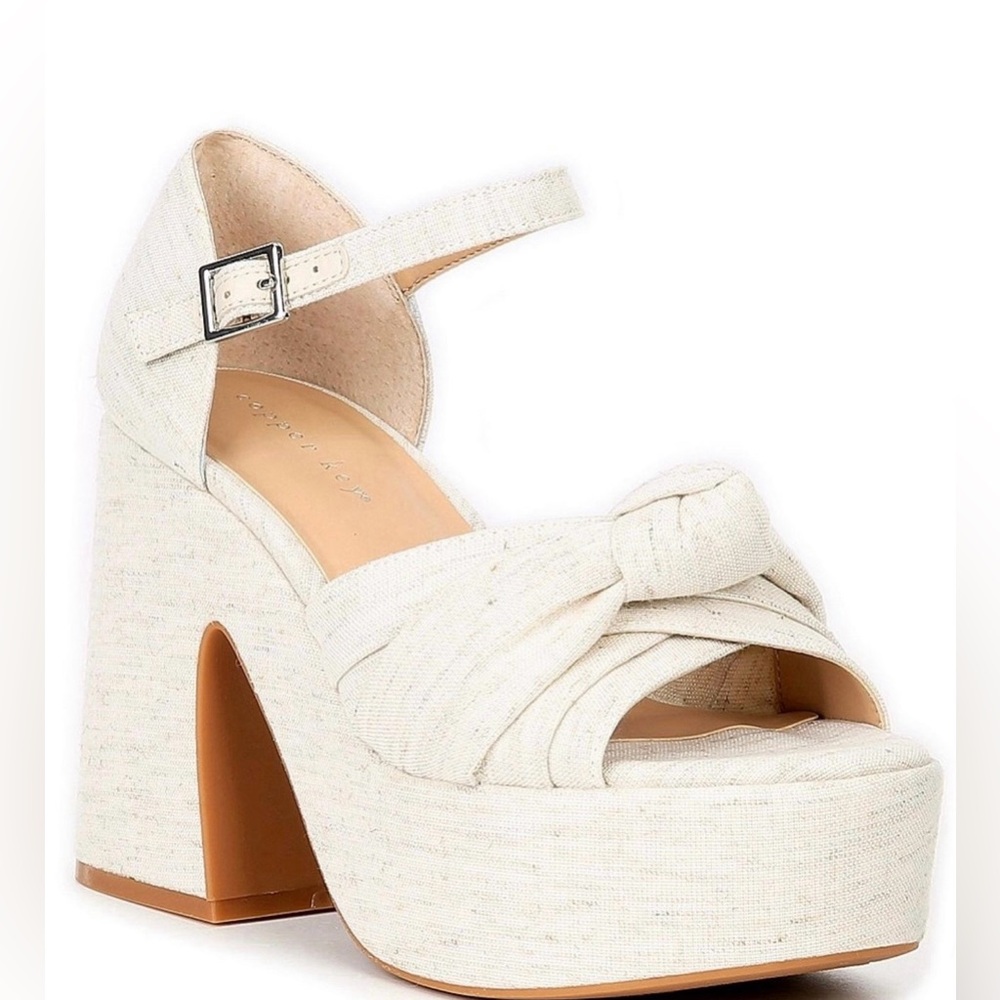 Copper Key Elegant Cream Picnic Linen Platform Buckle Closure Sandals